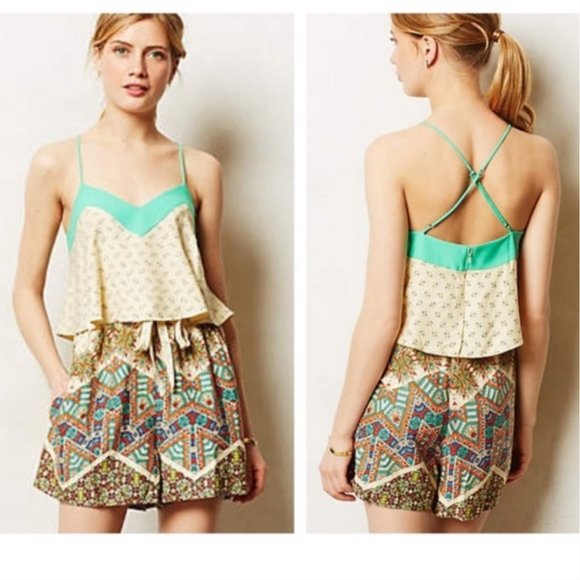 Anthropologie Pants - Anthropologie Elevenses Mintaka Floral Beige Romper Flowy size 10 paisley green